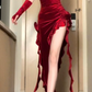 Red dress women's velvet suspender skirt irregular sexy birthday evening dress       S5457