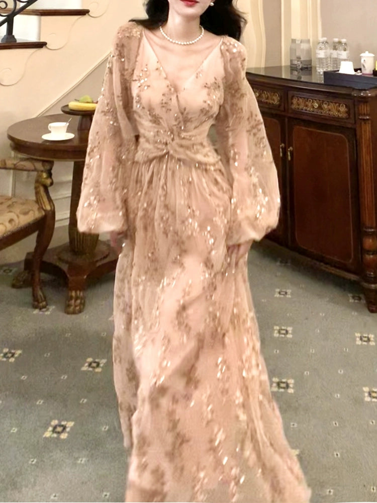 luxury V-neck sequined dress design puff sleeve long party dress    S6060