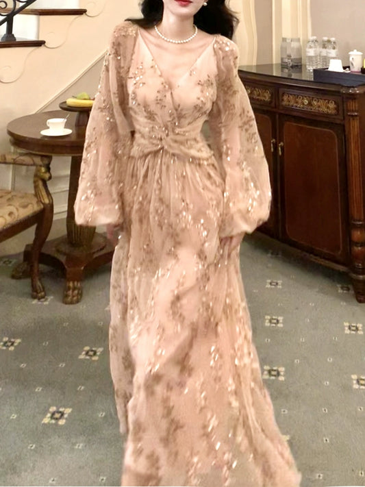 luxury V-neck sequined dress design puff sleeve long party dress    S6060