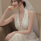 wedding dress lace followers deep v neck floor length wedding gown      S5431