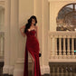 Red strapless dress new banquet sexy slit party long dress     S5642