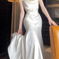 Mermaid satin white long dress engagement dress evening dress    S5941