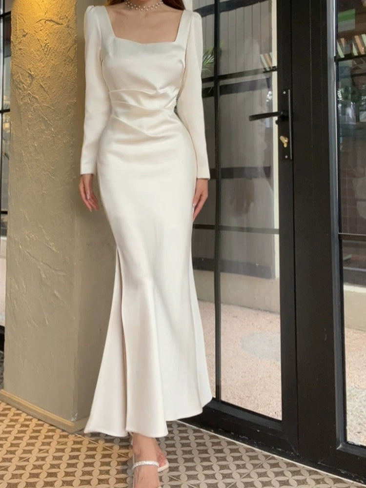 White prom dress long-sleeved engagement dress satin birthday dress    S5936