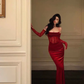 Sexy Sheath Spaghetti Straps Lace Red Velvet Evening Dresses Birthday Outfits With Gloves       S5424