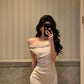off-shoulder satin dress for women new style mermaid party dress     S5649