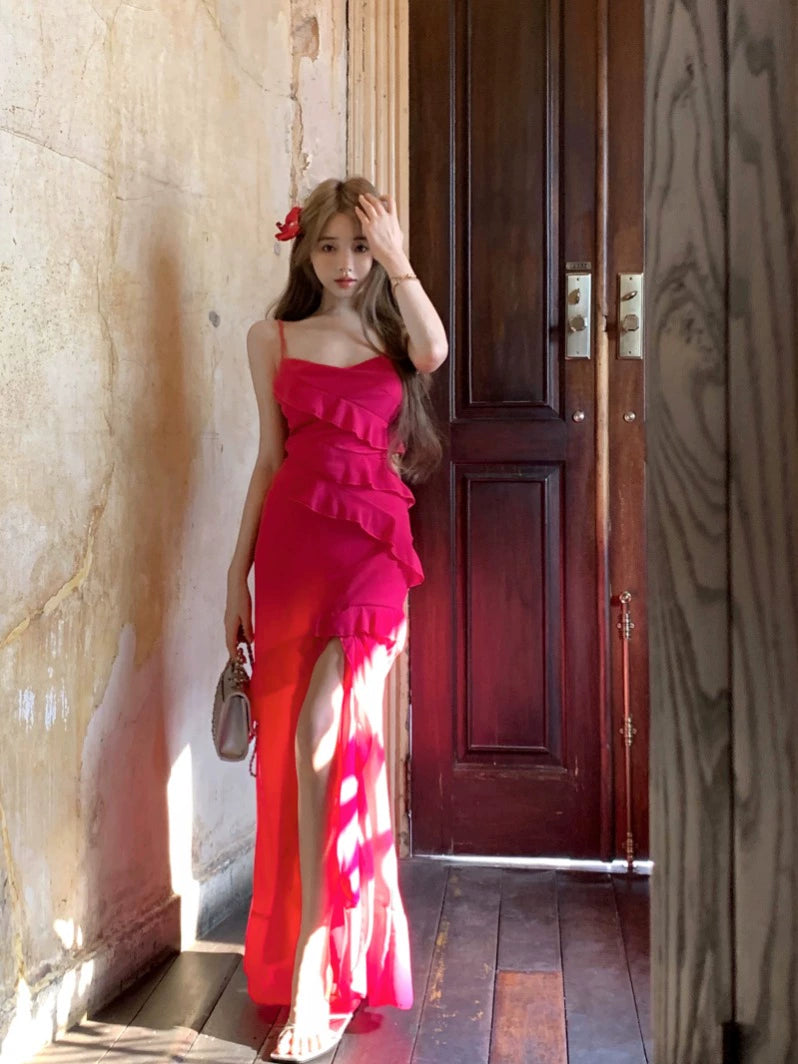 Hot pink ruffled dress summer sexy backless long party dress    S5914