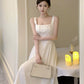 White satin a-line suspender dress for women new summer style long dress      S5812