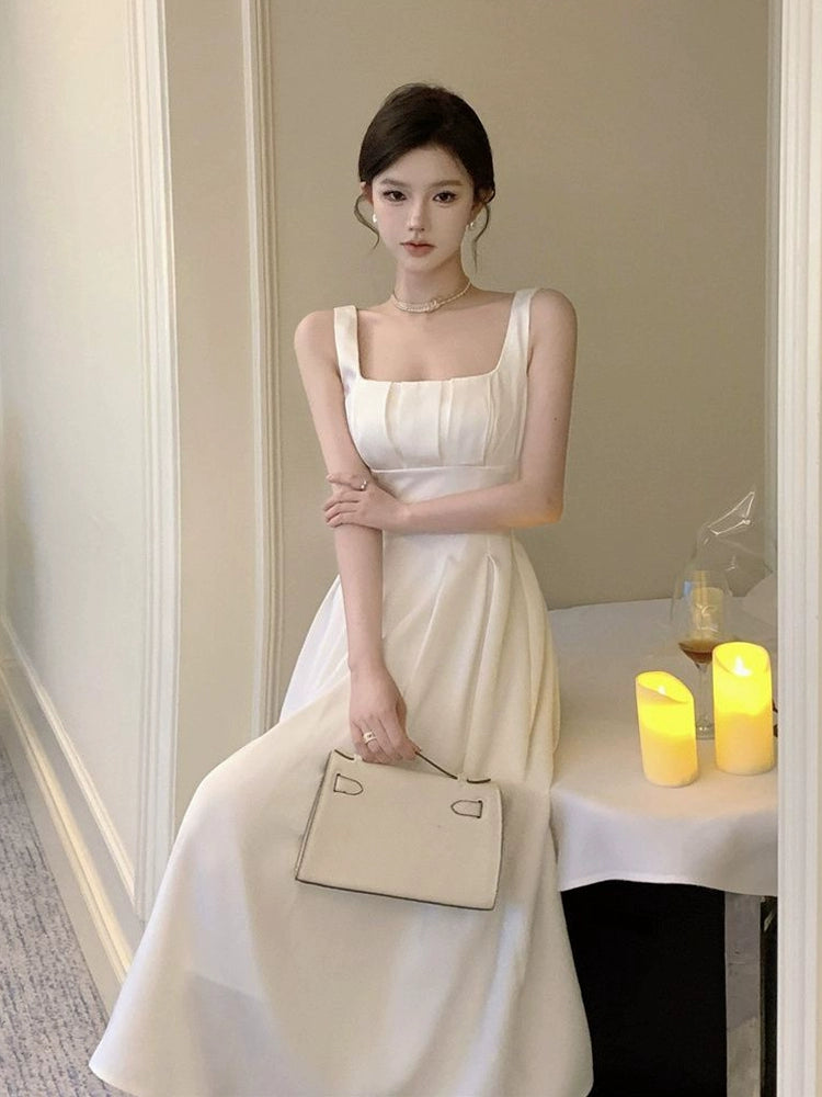 White satin a-line suspender dress for women new summer style long dress      S5812