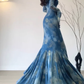 Mermaid Off The Shoulder Floral Blue Long Sleeves Party Dresses Birthday Outfits       S5447