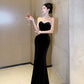 Black evening dress luxury strapless dress mermaid velvet dress      S5832