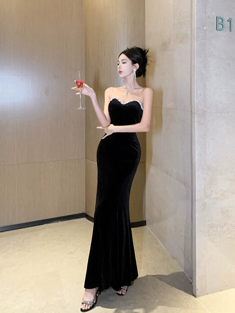 Black evening dress luxury strapless dress mermaid velvet dress      S5832