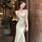 New Summer Elegant Midi Dress Women Vintage Satin Evening Party Dress        S5411