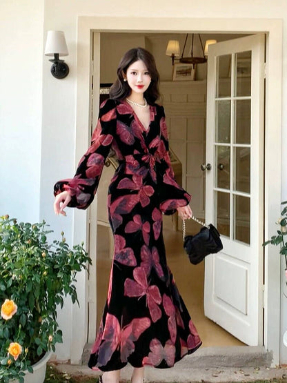 Retro velvet butterfly dress elegant V-neck long party dress    S6105