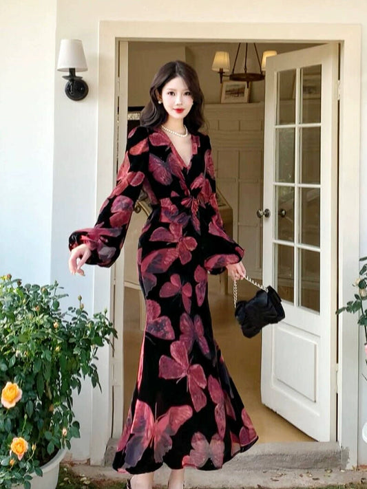 Retro velvet butterfly dress elegant V-neck long party dress    S6105