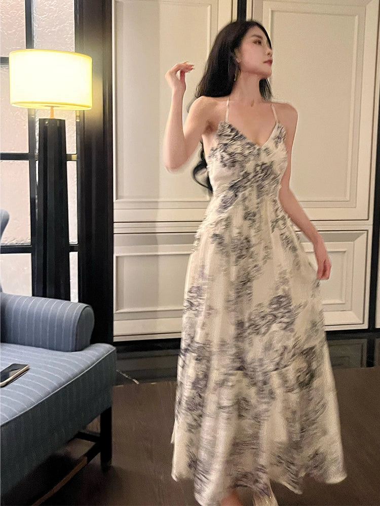 retro print halter dress summer new party dress   S6138