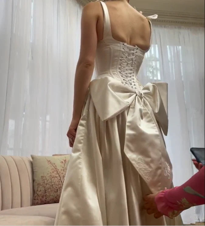 A-Line Satin Simple Wedding Dress Elegant White Wedding Party Dress     S6585