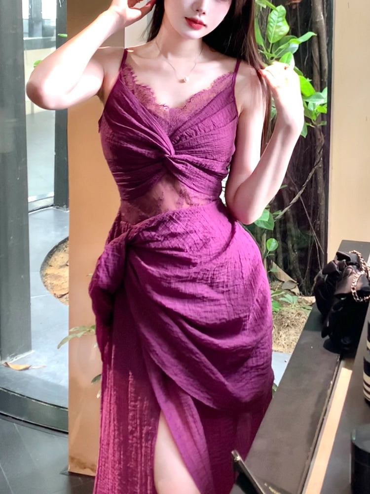 retro lace purple dress seaside holiday party dress     S6095