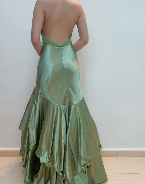 Green Halter Backless Beading Long Prom Dresses         S6073