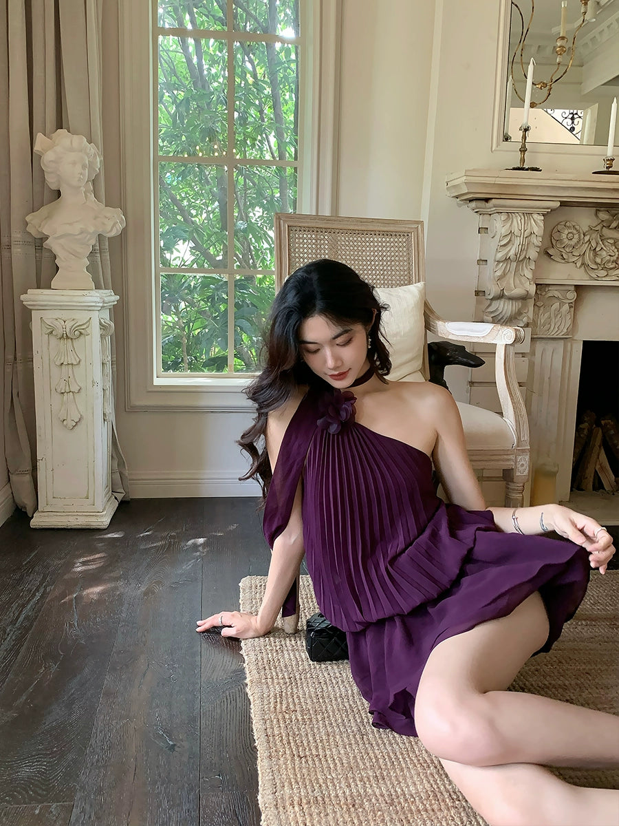 Purple halter neck dress summer party dress     S5725