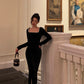 Black velvet dress women new square neck long sleeve party dress     S5664