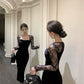 Black evening gown luxury sexy square neck velvet dress    S5840