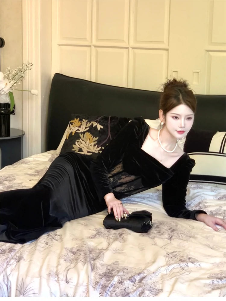 black velvet dress square neck long sleeve party dress    S6104