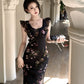 ruffled sleeves black floral dress summer long dress      S5838