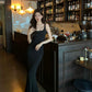 Black dress summer knitted mermaid suspender party dress     S5714