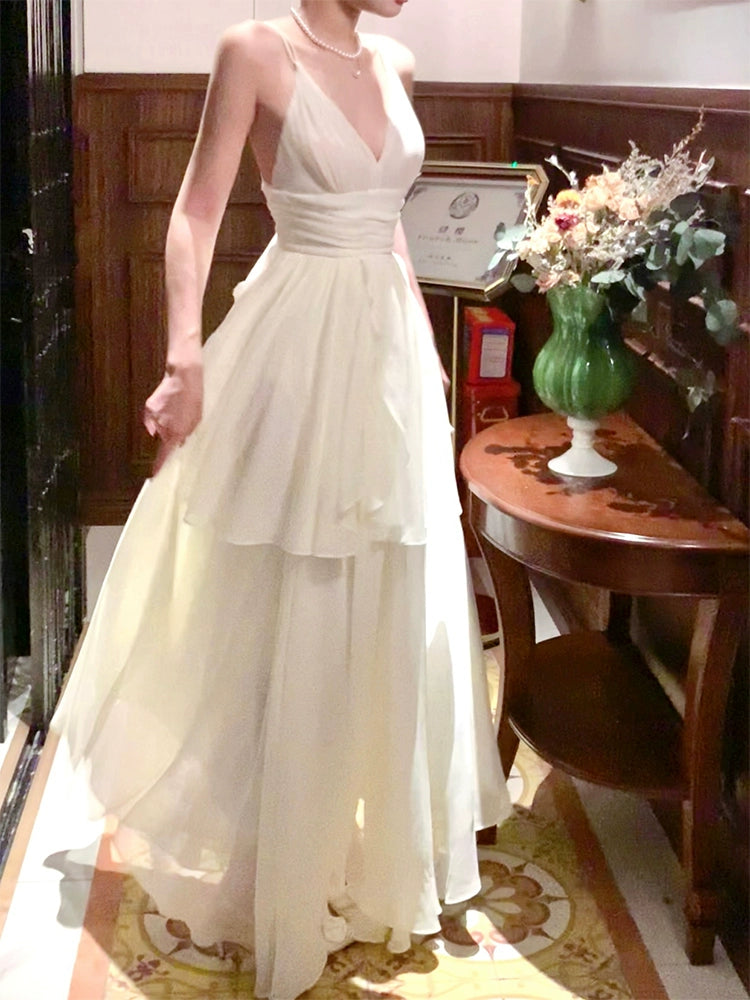 Design double-layer ruffled dress V-neck backless party dress      S6035