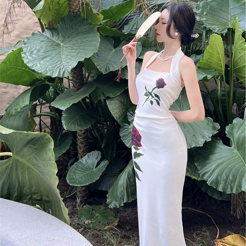 Rose print backless halter neck white dress new style women's long dress        S5801