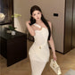 White pleated mermaid slit long party dress    S5915