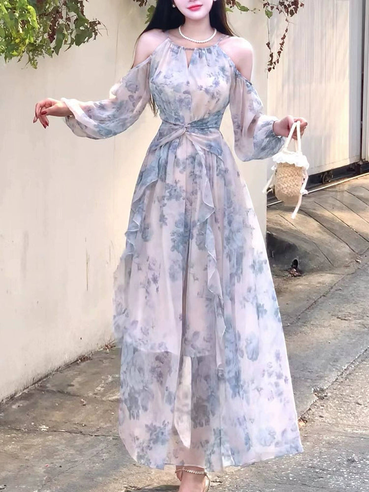 Chiffon printed dress women's seaside holiday long dress party dress     S6153