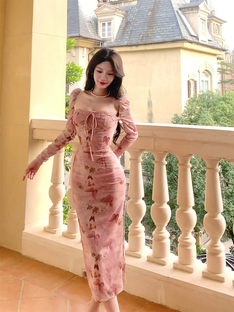 Retro Print Dress Butterfly Square Neck Puff Sleeve Elegant Long Dress      S6030
