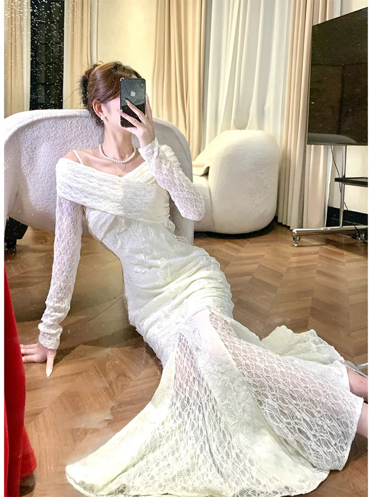 butterfly lace dress long sleeve mermaid evening dress     S6091