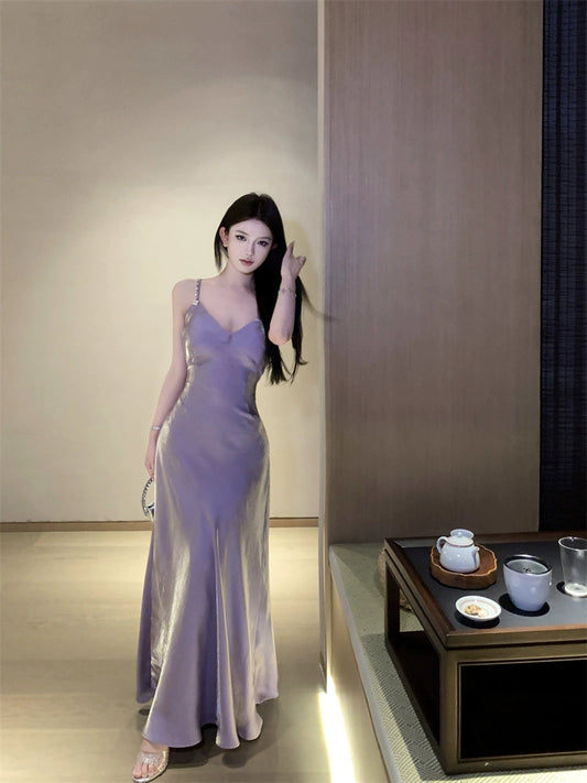 Purple satin v-neck dress for women long A-line party dress    S5916