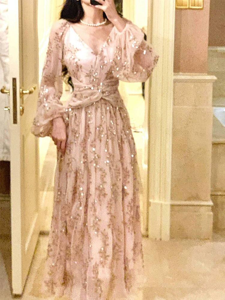 luxury V-neck sequined dress design puff sleeve long party dress    S6060