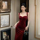 Birthday party dress banquet wine red velvet suspender dress     S5822