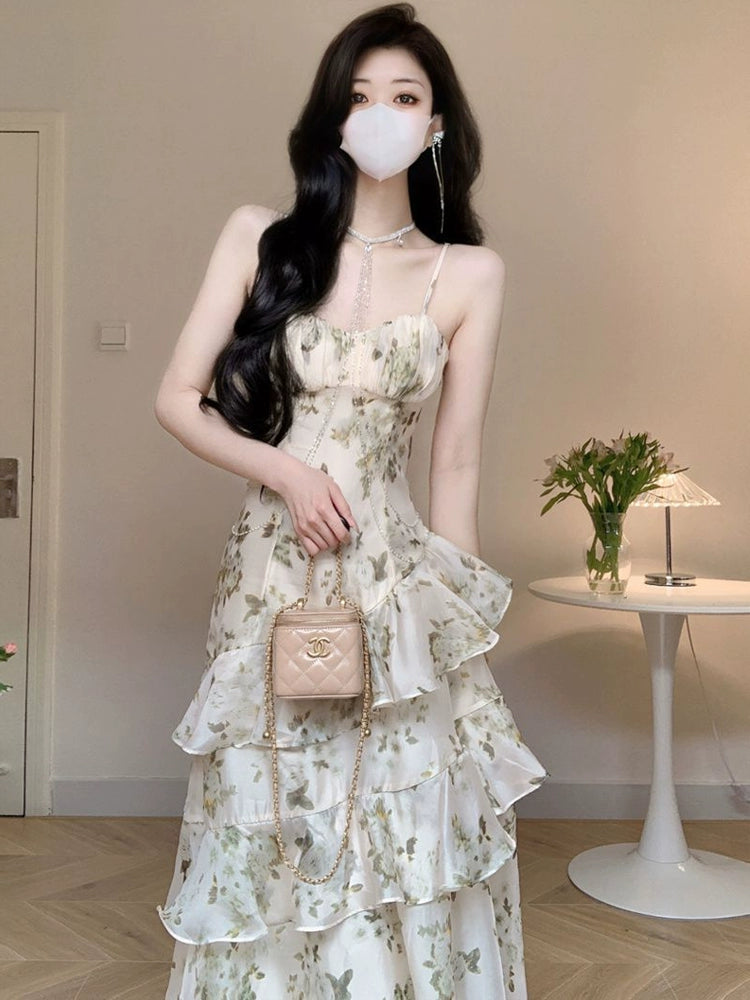 Ruffled floral suspender dress for women summer new long party dress      S5811