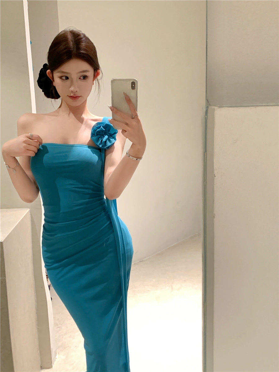 Sexy strapless dress for women summer tight pleated long party dress    S5913