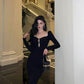 Black dress new banquet square neck party dress     S5674