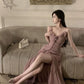 pink v-neck sexy suspender dress for women summer new slit long party dress      S5810