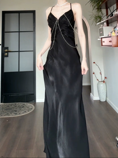 black dress for women satin long party dress       S5978