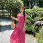Rose Red Embroidered Square Neck Puff Sleeve Waist Suspender Dress Summer French Style Dress R4657