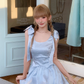 Blue embossed rose flower pleated waist bow dress R5249