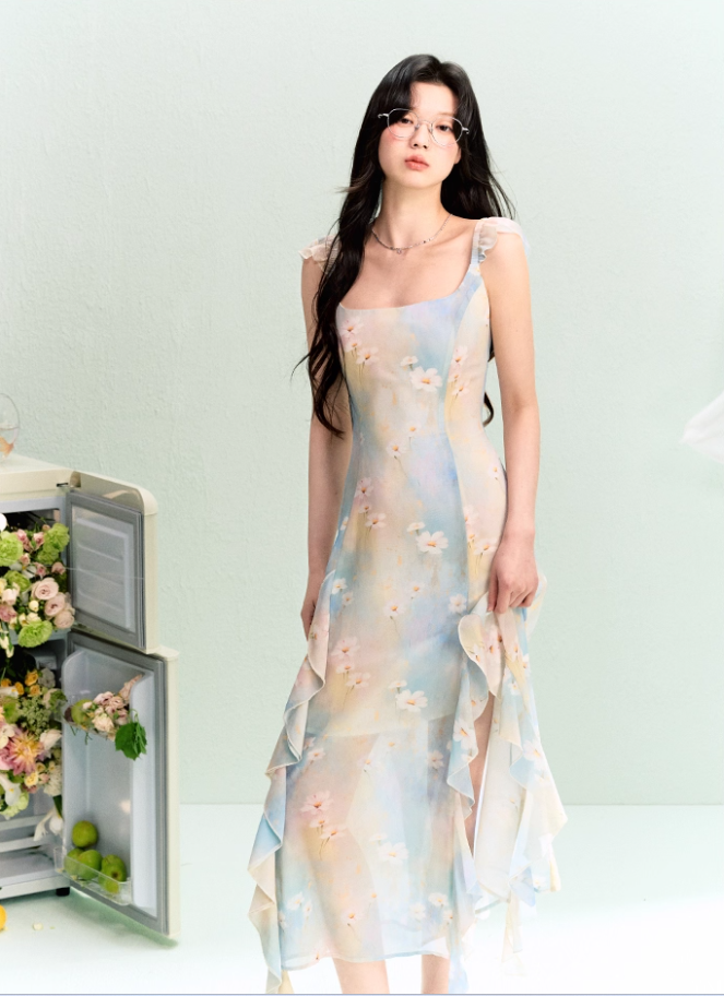 Chiffon smudged kelp-edge printed suspender dress for women summer waist-length dress R3327