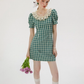 French style green plaid dress summer retro short skirt R2764