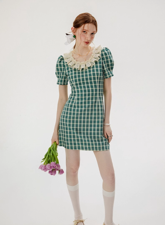 French style green plaid dress summer retro short skirt R2764