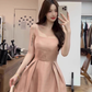 Gentle and elegant pink square neck suspender dress with waist A-line short skirt R0487