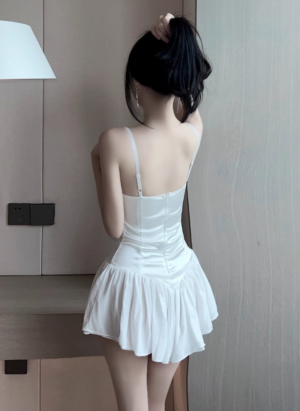 Pure desire style sweet sexy girl low-cut suspender skirt small irregular waist slimming super fairy dress R3628