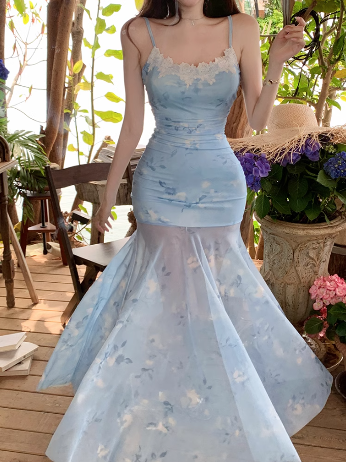 Blue floral suspender dress, elegant waist and hip fishtail skirt R0630